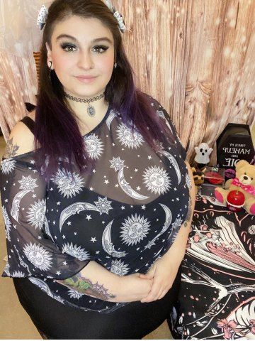 Plus Size Sun Moon Print Skew Neck Sheer Mesh Top and Cinched Camisole Set