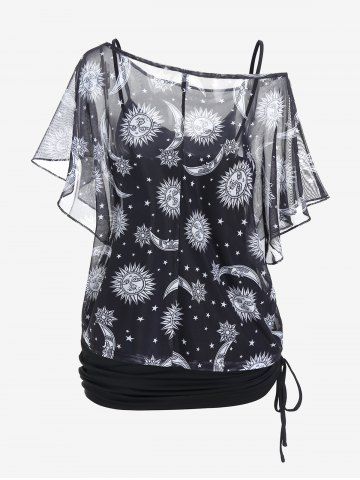 Plus Size Sun Moon Print Skew Neck Sheer Mesh Top and Cinched Camisole Set