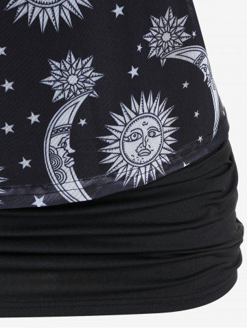 Plus Size Sun Moon Print Skew Neck Sheer Mesh Top and Cinched Camisole Set