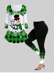 Snowman Plaid Print Graphic T-shirt and High Rise Leggings Christmas Plus Size Outfit -  
