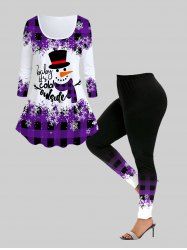 Snowman Plaid Print Graphic T-shirt and High Rise Leggings Christmas Plus Size Outfit -  