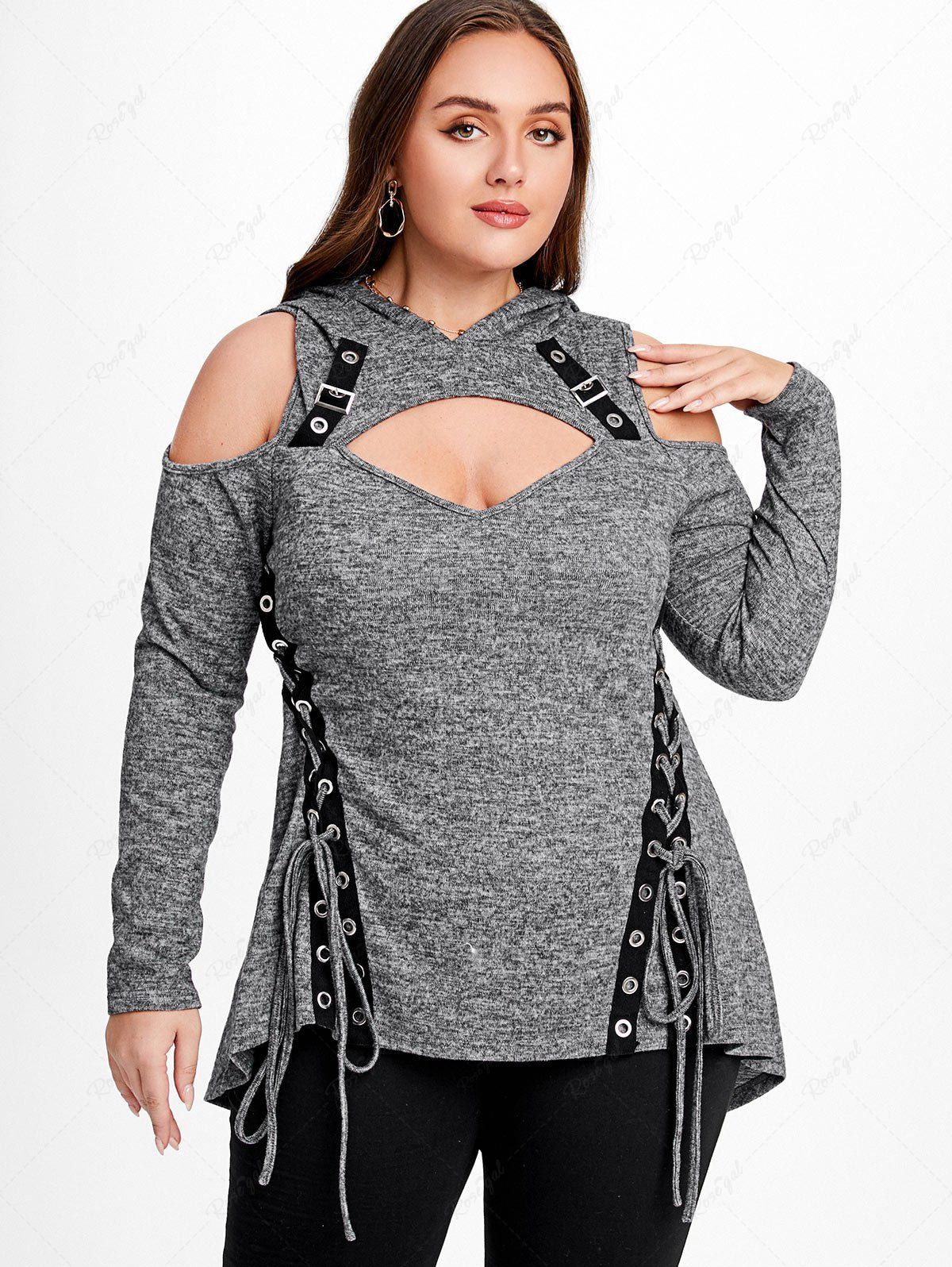 Unique Gothic Cutout Lace-up Buckles Cold Shoulder High Low Hooded Tee  