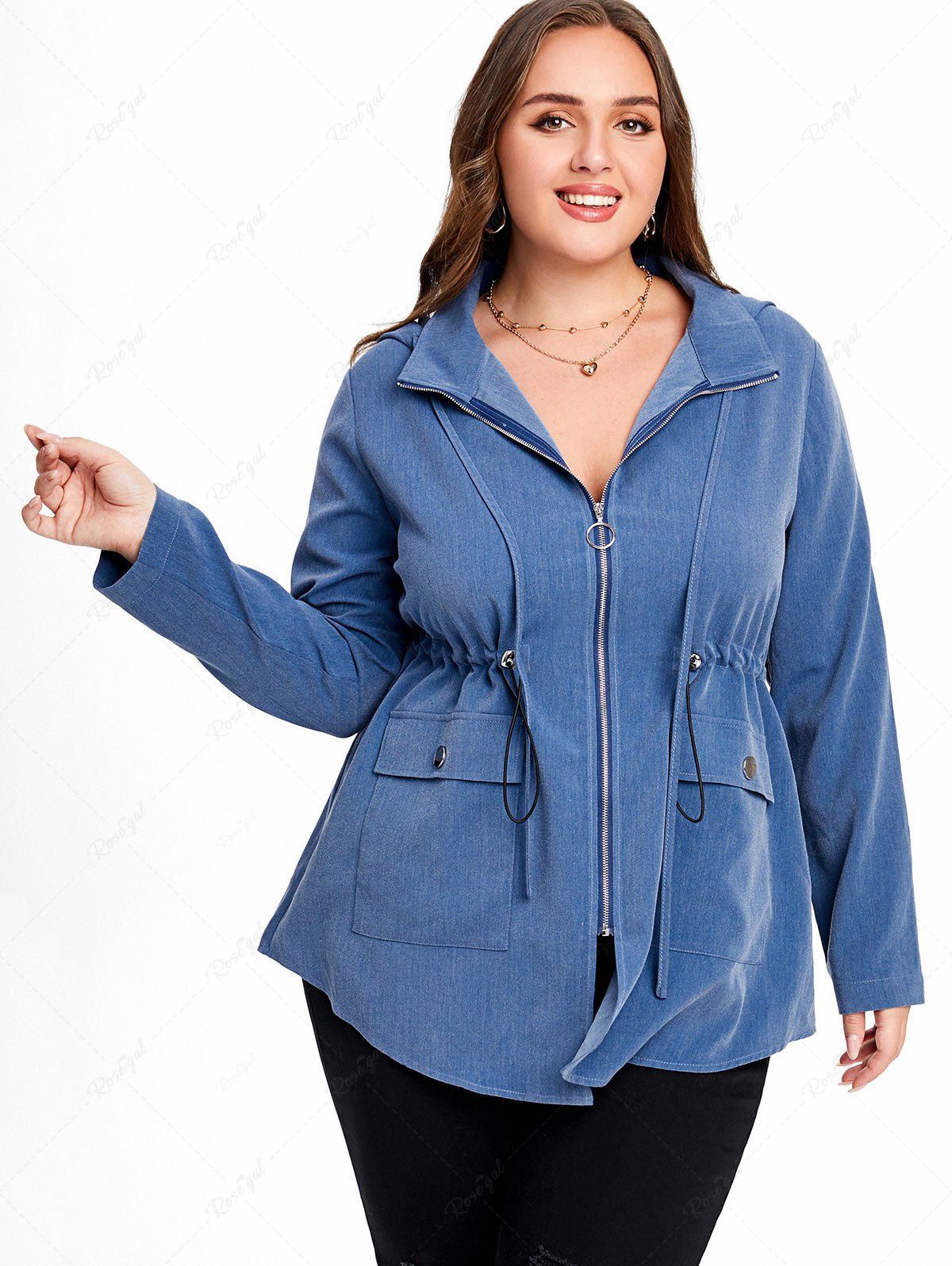 Manteau à Capuche Taille à Cordon en Couleur Unie de Grande Taille avec Poche à Rabat Bleu profond 4x | US 26-28