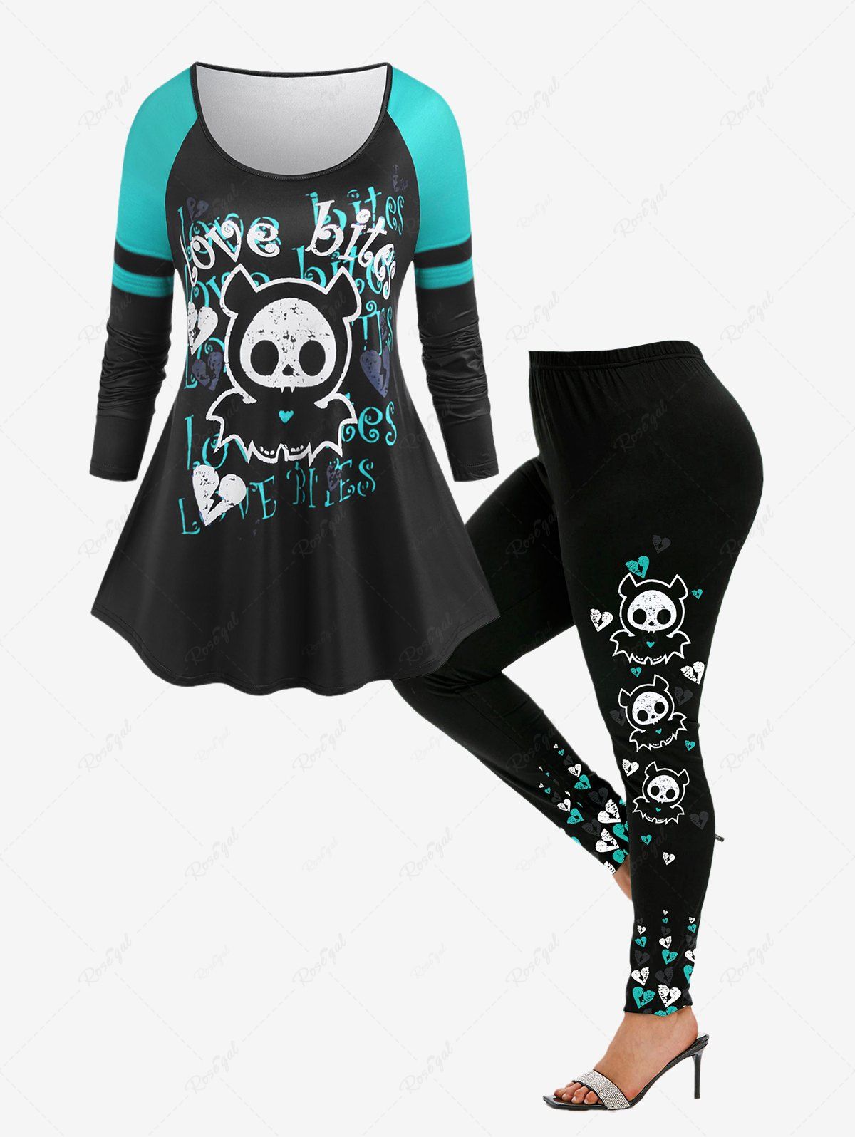 Ensemble de Legging et T-shirt à Imprimé Lettre et Cœur Dessin Animé à Manches Raglan Vert 