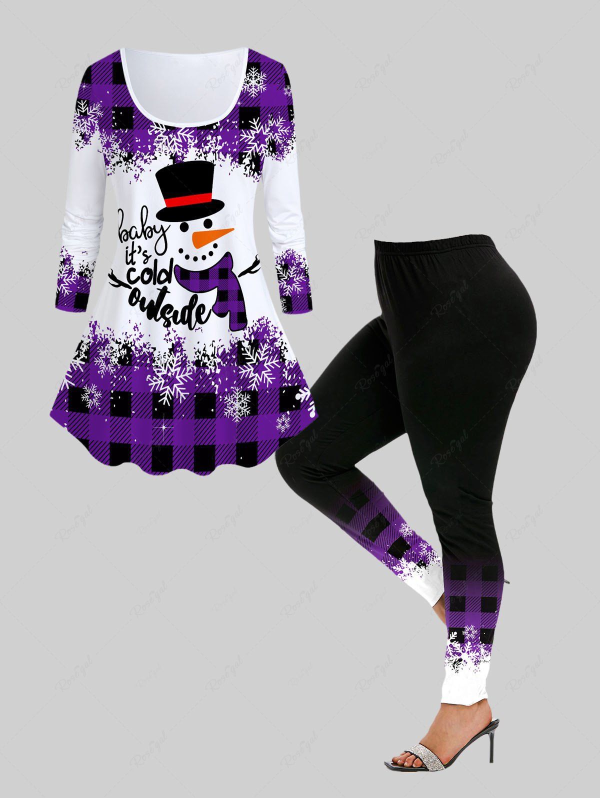 Online Snowman Plaid Print Graphic T-shirt and High Rise Leggings Christmas Plus Size Outfit  