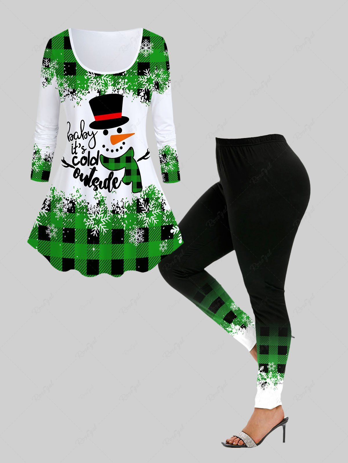 Latest Snowman Plaid Print Graphic T-shirt and High Rise Leggings Christmas Plus Size Outfit  