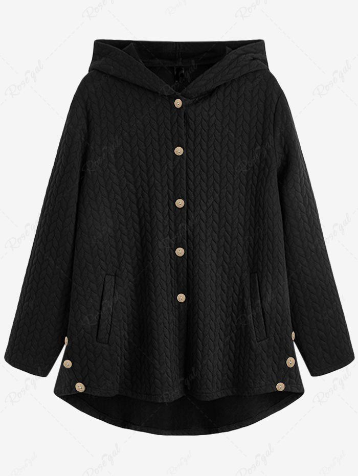 Manteau à Capuche Haut-Bas Embossé Grande Taille Noir 4XL