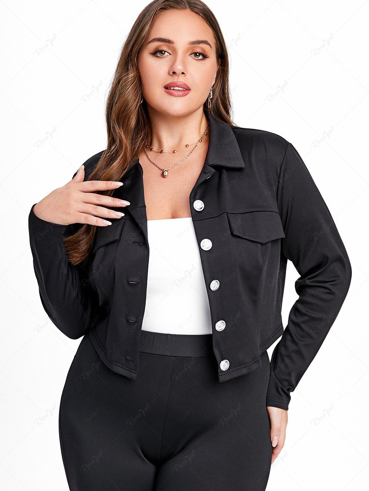 Outfit Plus Size Solid Flap Pocket Singel Breasted Cropped Blazer  