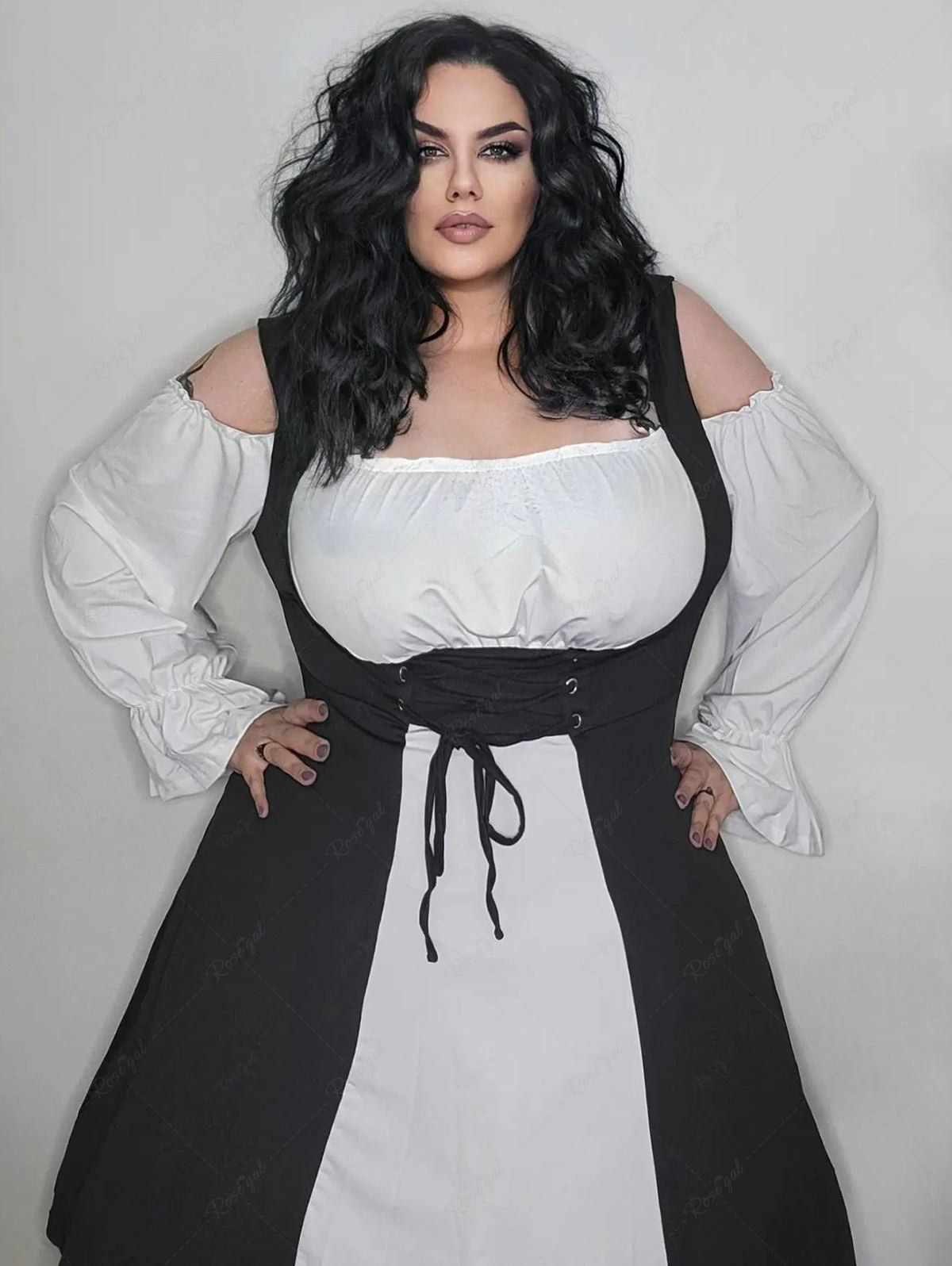 Latest Plus Size Lace Up Cold Shoulder Ruffles Two Tone High Low Dress  