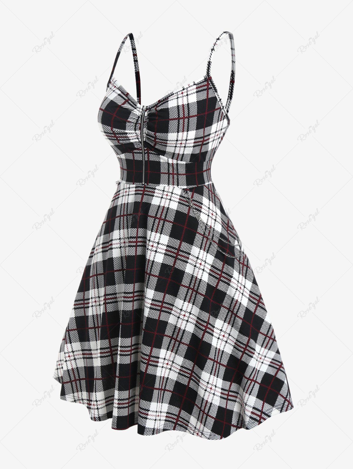 Outfit Plus Size Plaid Half Zipper Backless Vintage Sleeveless Dress  