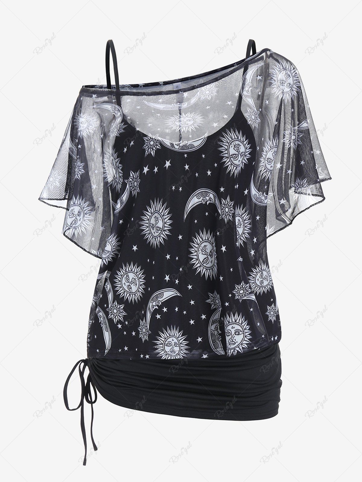 Trendy Plus Size Sun Moon Print Skew Neck Sheer Mesh Top and Cinched Camisole Set  