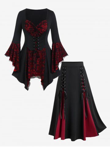 Gothic Bell Sleeve Skull Lace Handkerchief Tee and Lace Up Godet Hem Midi Skirt Outfit
