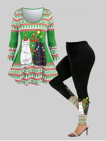 Christmas Snowflake Cat Print T-shirt and Skinny Leggings Plus Size Outfit - GREEN