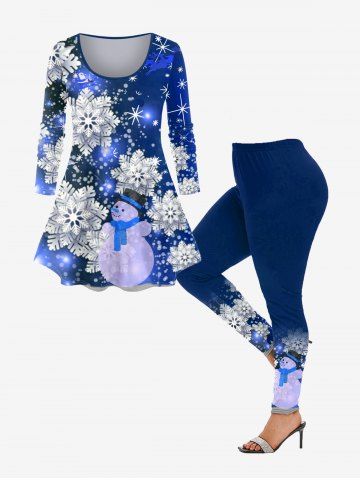 Plus Size Christmas Snowflake Snowman Print T-shirt and Leggings Matching Set Outfit - BLUE