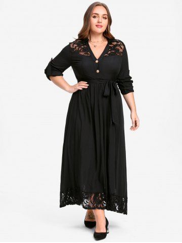 Plus Size Roll Up Sleeve Lace Panel Maxi Dress - BLACK - M | US 10