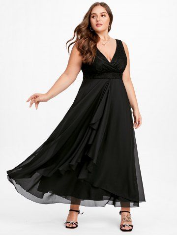 Plus Size Plunge Draped Ruffle High Low Cocktail Party Maxi Dress - BLACK - L | US 12