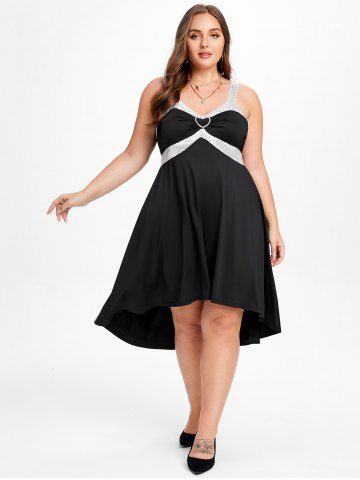 Plus Size Sequin Heart Ring High Low Cocktail Party Dress - BLACK - 2X | US 18-20