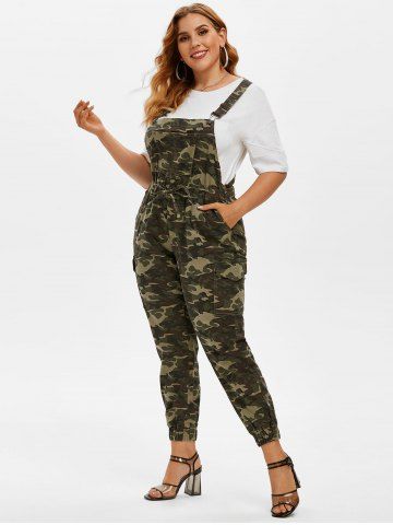 Plus Size Camo Print Overall Jumpsuit - DEEP GREEN - 1X