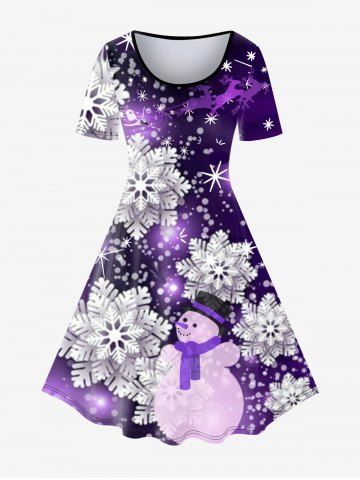 Plus Size Christmas Snowman Snowflake Elk Print Dress - PURPLE - M | US 10