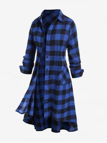 Plus Size Plaid High Low Midi Shirt Dress - BLUE - M
