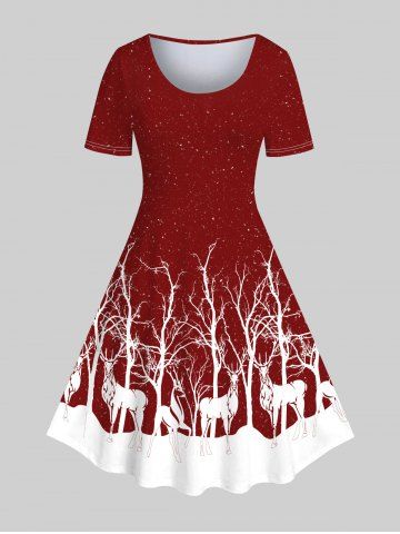 Plus Size Christmas Tree Elk Print Knee Length Dress - DEEP RED - 3X | US 22-24