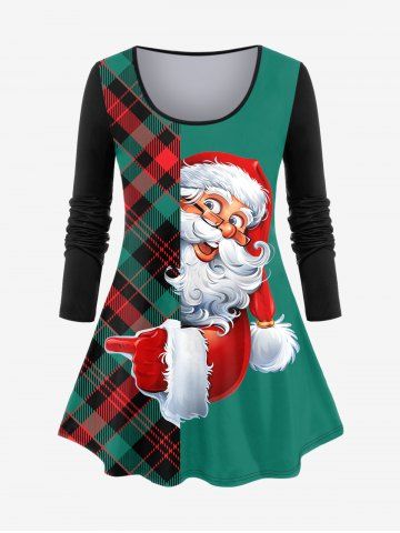 T-shirt à Imprimé Père Noël à Carreaux de Grande Taille - GREEN - 1X | US 14-16