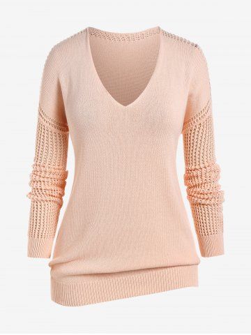 Plus Size V Neck Drop Shoulder Open Knit Sweater - LIGHT PINK - L | US 12