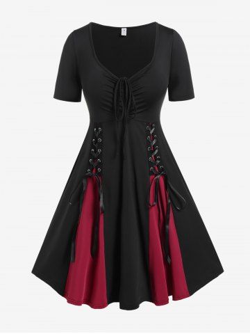 Gothic Lace-up Cinched Two Tone Godet Hem A Line Dress - BLACK - 2X | US 18-20