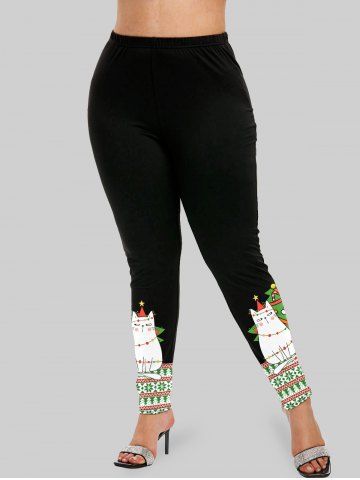 Christmas Snowflake Cat Print T-shirt and Skinny Leggings Plus Size Outfit