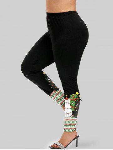 Christmas Snowflake Cat Print T-shirt and Skinny Leggings Plus Size Outfit