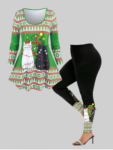 Christmas Snowflake Cat Print T-shirt and Skinny Leggings Plus Size Outfit