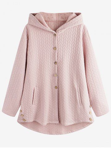 Plus Size Embossed High Low Hooded Coat - LIGHT PINK - 2XL