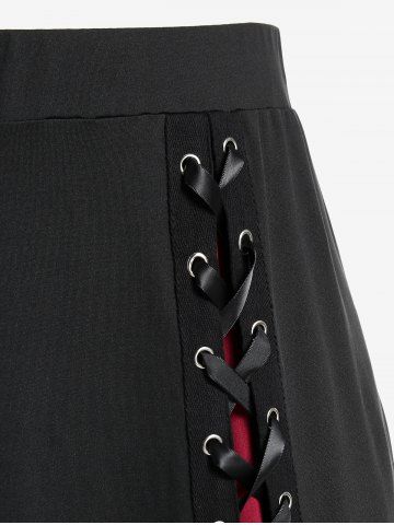 Halloween Costume Gothic Bell Sleeve Skull Lace Handkerchief Tee and Lace Up Godet Hem Midi Skirt Outfit