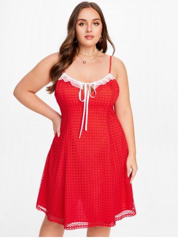 Plus Size Lace Trim Tie Fishnet Overlay Dress - RED - L | US 12