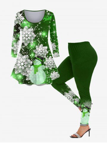 Plus Size Christmas Snowflake Snowman Print T-shirt and Leggings Matching Set Outfit - DEEP GREEN