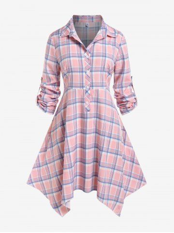 Plus Size Roll Tab Sleeve Half Button Plaid Handkerchief Shirt Dress - LIGHT PINK - 1X | US 14-16