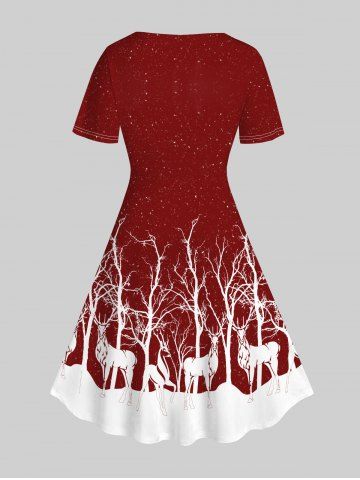 Plus Size Christmas Tree Elk Print Knee Length Dress