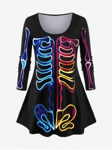 T-shirt à Imprimé Squelette Coloré Halloween Grande Taille à Manches Longues - BLACK - 2X | US 18-20