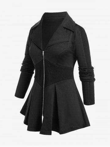 Plus Size Ribbed Panel Zipper Fly Turn Down Collar Jacket