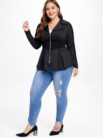 Plus Size Ribbed Panel Zipper Fly Turn Down Collar Jacket