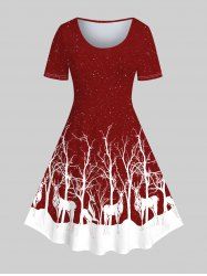 Plus Size Christmas Tree Elk Print Knee Length Dress -  