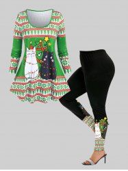 Ensemble de T-shirt à Imprimé Chat de Noël et Legging Moulant Grande Taille - Vert 