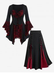 Gothic Bell Sleeve Skull Lace Handkerchief Tee and Lace Up Godet Hem Midi Skirt Outfit  