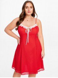 Plus Size Lace Trim Tie Fishnet Overlay Dress -  