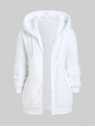 Plus Size Zipper Fly Drop Shoulder Hooded Fluffy Coat -  