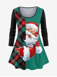T-shirt à Imprimé Père Noël à Carreaux de Grande Taille - Vert 4X | US 26-28