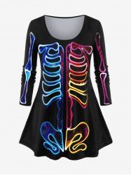 T-shirt à Imprimé Squelette Coloré Halloween Grande Taille à Manches Longues - Noir 4X | US 26-28