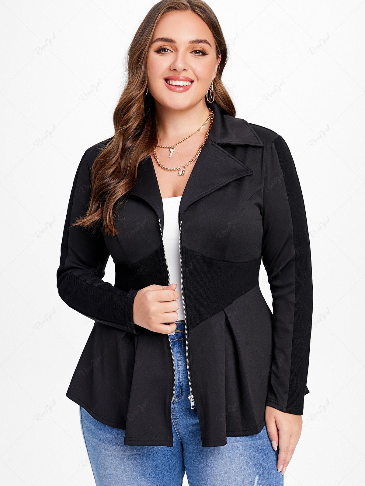 Shops Plus Size Ribbed Panel Zipper Fly Turn Down Collar Jacket  