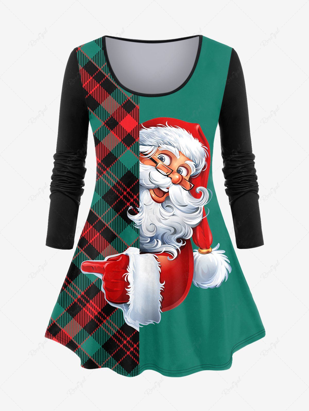 T-shirt à Imprimé Père Noël à Carreaux de Grande Taille Vert 3X | US 22-24