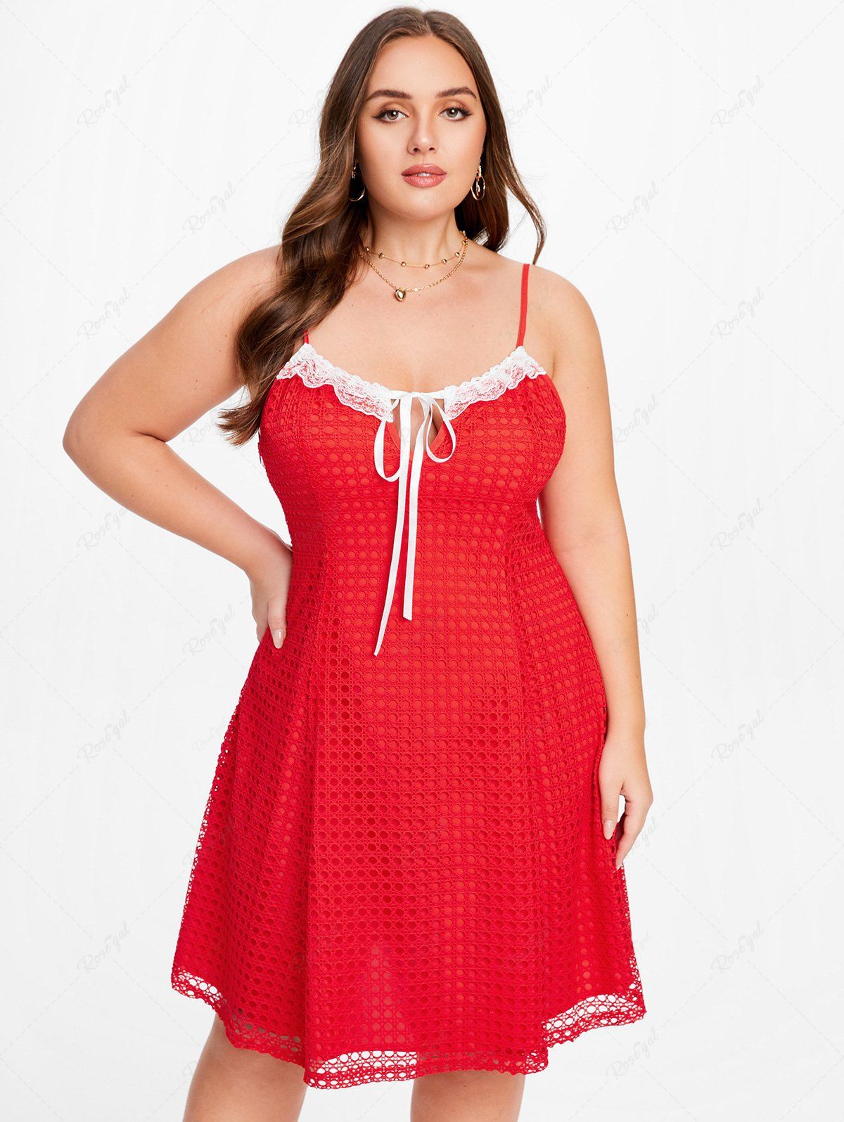 New Plus Size Lace Trim Tie Fishnet Overlay Dress  